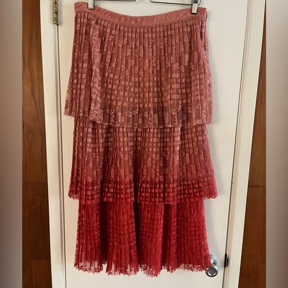 Anthropologie Maeve Brighton Coral Pink Ombré Tiered Lace Midi Skirt - Picture 3 of 9